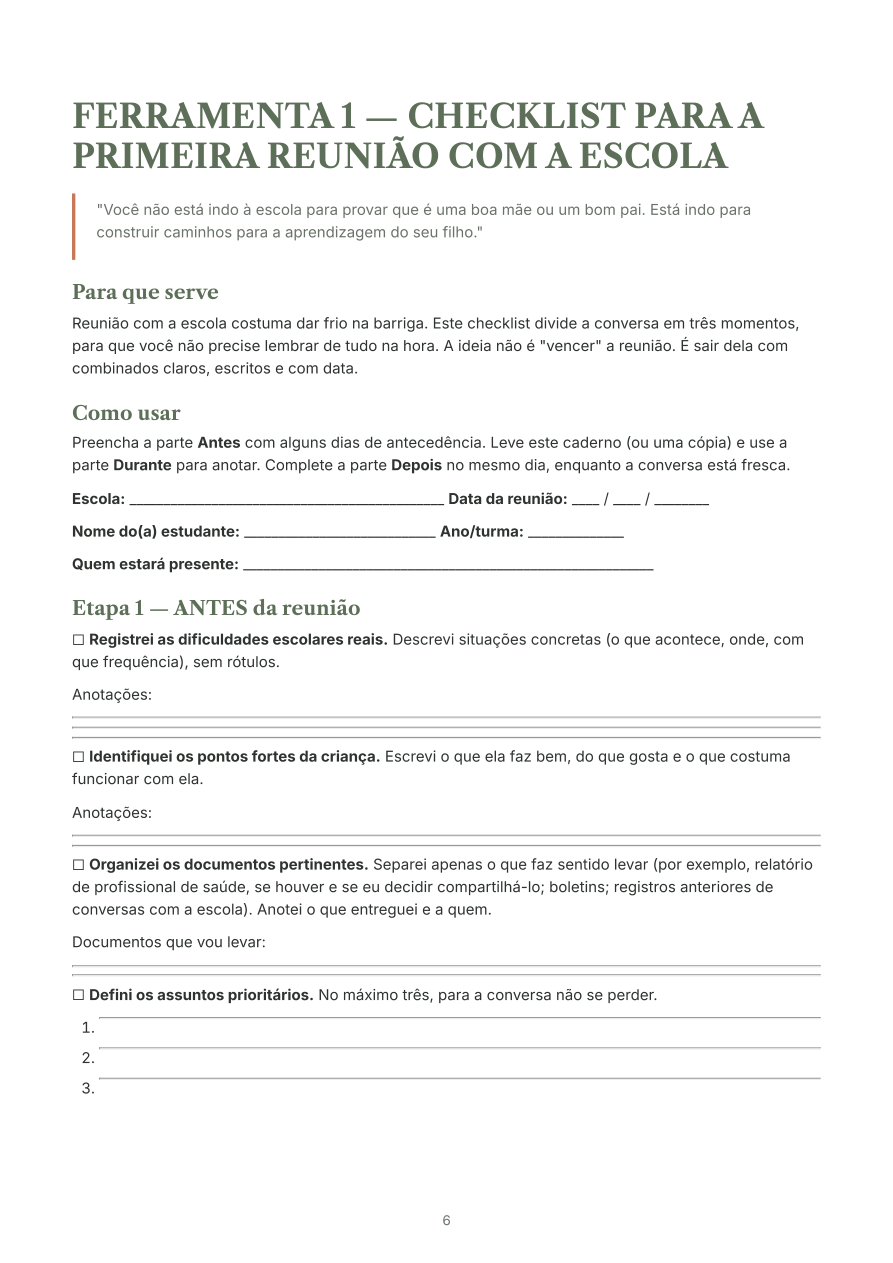 Amostra da ferramenta 1, com campos para organizar uma reunião escolar