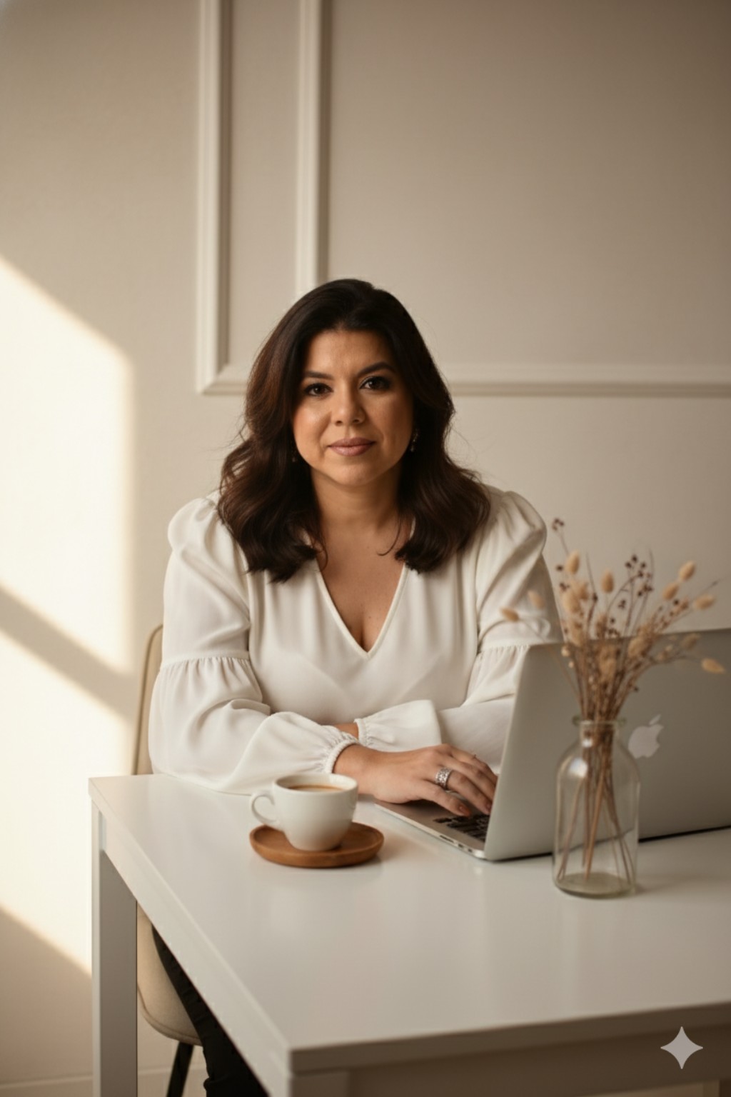 Sammya Duarte sentada em seu escritório, com um computador e uma xícara sobre a mesa